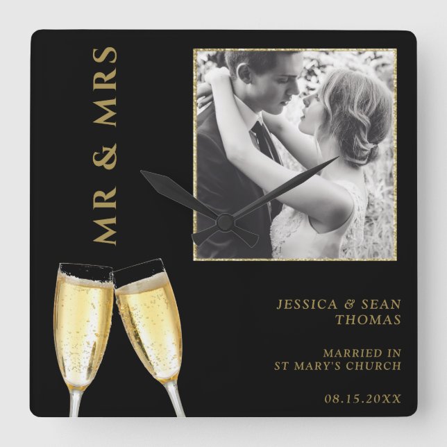 Reloj Cuadrado Foto elegante, Boda Champagne (Anverso)