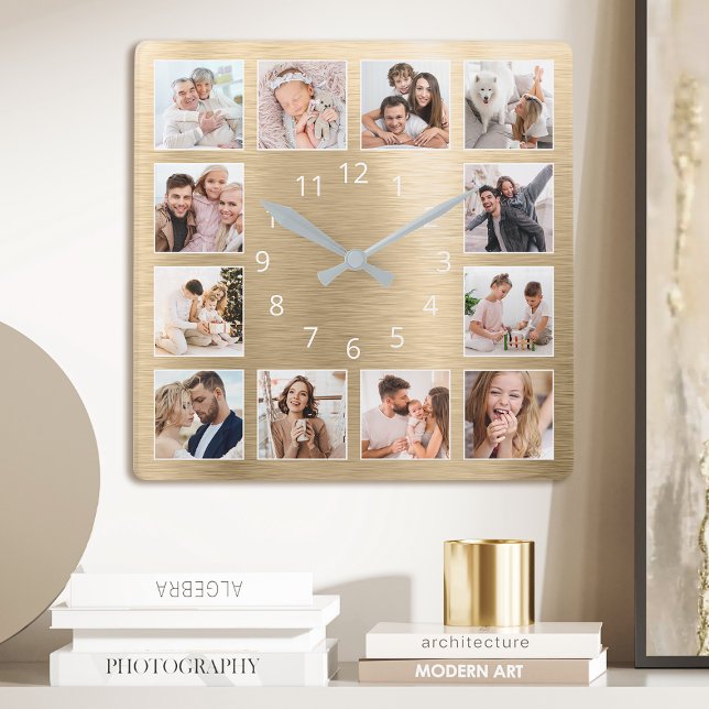 Reloj Cuadrado Foto familiar personalizada Elegante Oro (Subido por el creador)