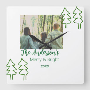 Reloj Cuadrado Foto moderna del árbol de Navidad verde de nombre