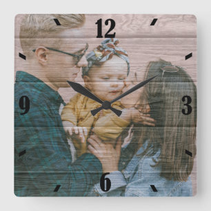 Reloj Cuadrado Foto personalizada con efecto de madera rústica