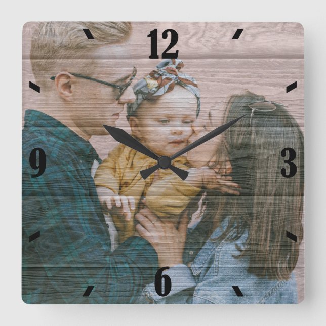 Reloj Cuadrado Foto personalizada con efecto de madera rústica (Anverso)