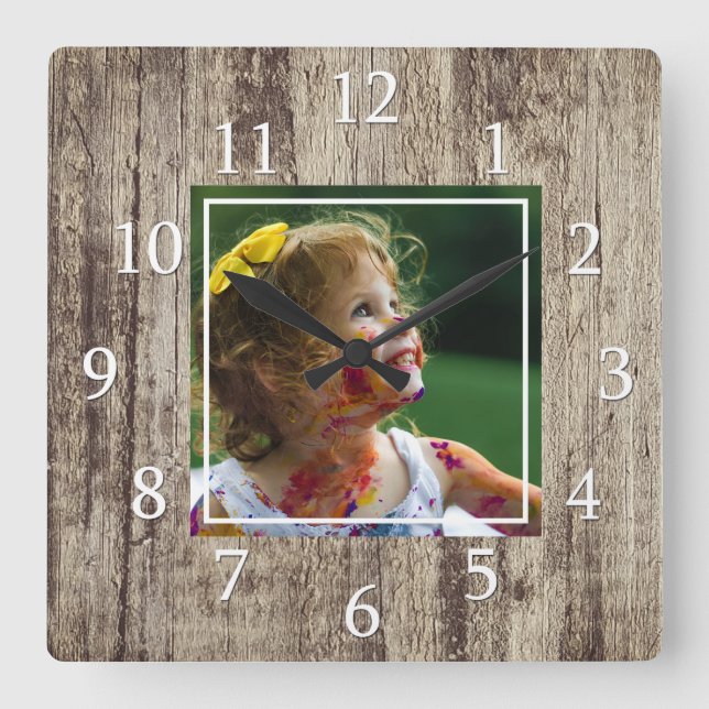 Reloj Cuadrado Foto Rustic Natural Wood Personalizado (Anverso)