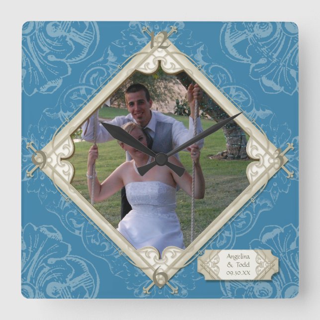 Reloj Cuadrado Fotografía azul de la boda del Hydrangea del (Anverso)