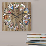 Reloj Cuadrado Fotografía de Madera Moderna con forma de corazón<br><div class="desc">Crea tu propio reloj multifotográfico para contar tu historia - el centro del reloj está marcado con "Érase una vez" en tipografía escrita a mano. Utilice la plantilla de fotos para añadir 12 de sus fotos favoritas, que se mostrarán en marcos con forma de corazón. El diseño utiliza fotos verticales...</div>