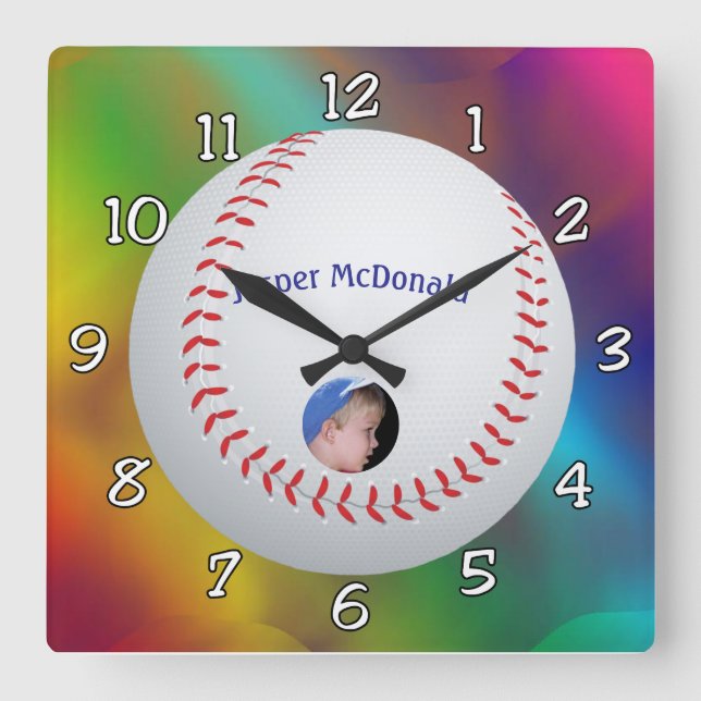 Reloj Cuadrado Fotos de fondo multicolor del béisbol personalizad (Anverso)