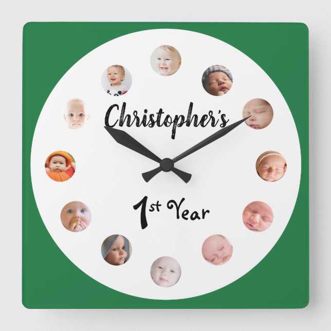 Reloj Cuadrado Fotos del bebé de 12 meses personalizado verde (Anverso)
