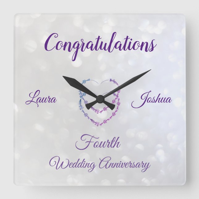 Reloj Cuadrado Fourth Wedding Anniversary Acrylic Wall Clock (Anverso)