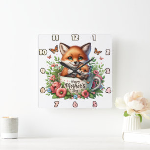 Reloj Cuadrado Fox Mom: Cub, Flores, Día de la Madre