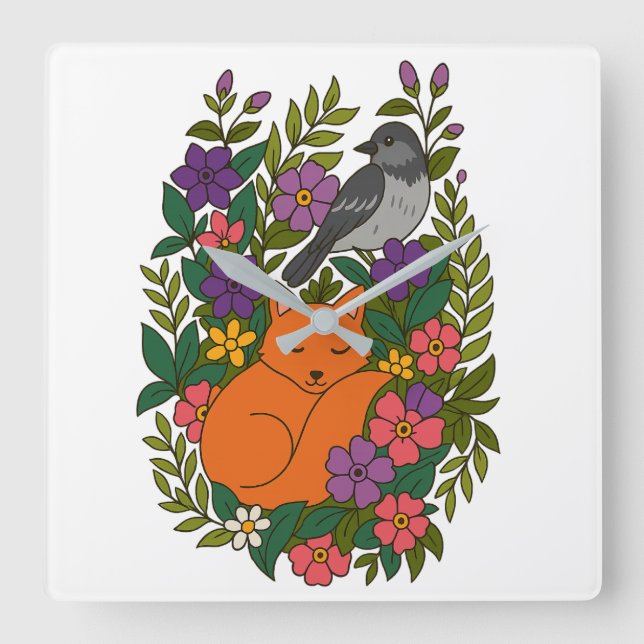 Reloj Cuadrado Fox, paloma y flores (Anverso)
