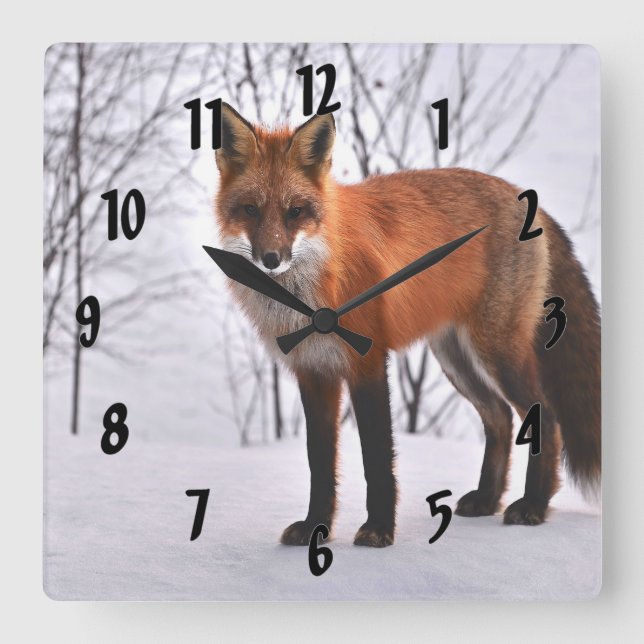 Reloj Cuadrado Fox Roja En Invierno (Anverso)