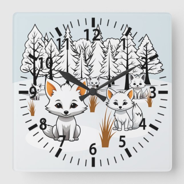 Reloj Cuadrado Foxes Árticos - Paisaje invernal (Anverso)