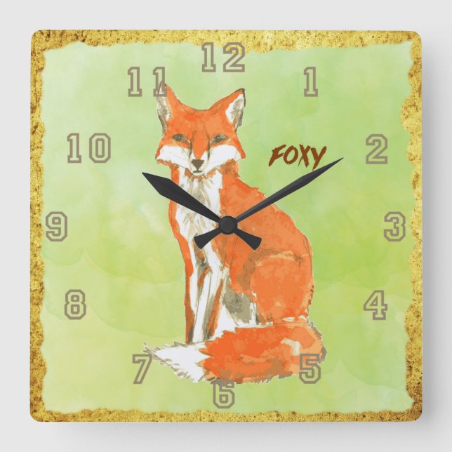 Reloj Cuadrado Foxy Ginger Fox Watercolor (Anverso)