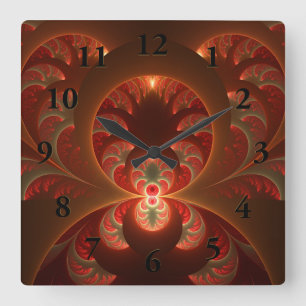 Reloj Cuadrado Fractal abstracto moderno naranja rojo luminoso
