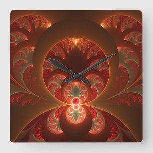 Reloj Cuadrado Fractal abstracto moderno naranja rojo luminoso