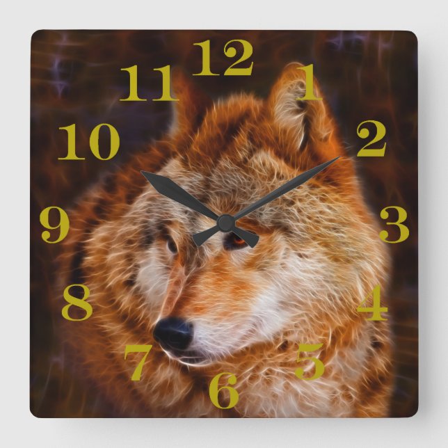 Reloj Cuadrado Fractal del lobo rojo (Anverso)