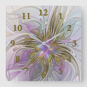 Reloj Cuadrado Fractal floral colorido con rosado y oro