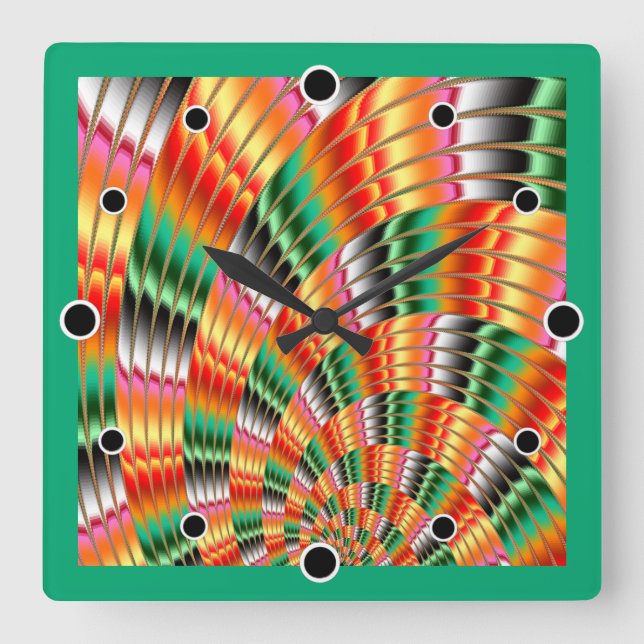 Reloj Cuadrado Fractal Floral en tonos verde azulados, rosas y az (Anverso)