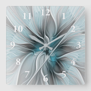 Reloj Cuadrado Fractal floral moderno abstracto flor azul gris