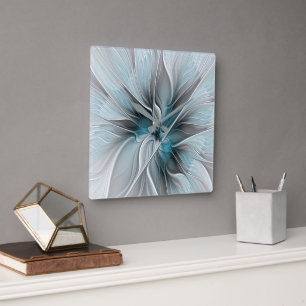 Reloj Cuadrado Fractal floral moderno abstracto flor azul gris
