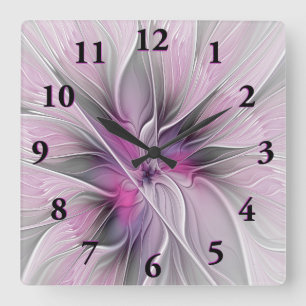 Reloj Cuadrado Fractal Floral Moderno Abstracto Flor Rosa Gris