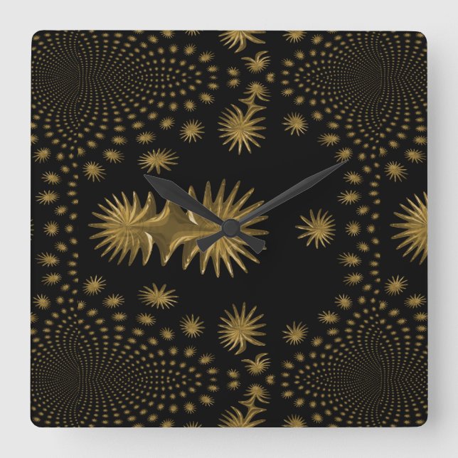 Reloj Cuadrado fractal golden stars,black background (Anverso)