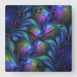 Reloj Cuadrado Fractal verde rosa azul luminoso colorido abstract