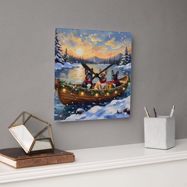 Reloj Cuadrado French Bulldog Christmas Boat Holiday (Oficina)