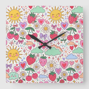 Reloj Cuadrado Fresa Retro Adorable, Sol y Corazones Felices 