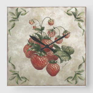 Reloj Cuadrado Fresas rústicas botánicas vintage