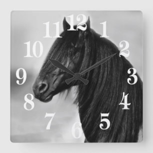 Reloj Cuadrado Friesian black stallion horse