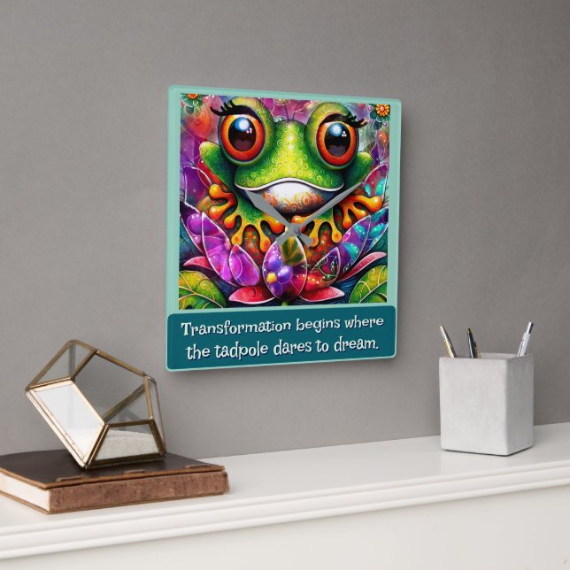 Reloj Cuadrado Frog Whimsical Abstract Art Floral Personalized (Oficina)