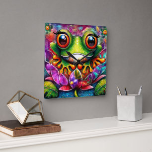 Reloj Cuadrado Frog Whimsical Abstract Pintura Art Floral Verde