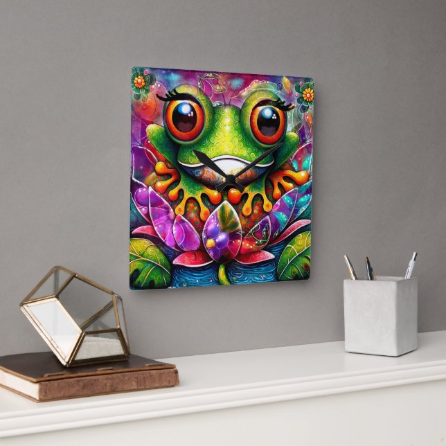 Reloj Cuadrado Frog Whimsical Abstract Pintura Art Floral Verde (Oficina)