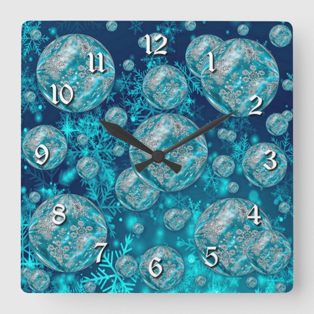 Reloj Cuadrado Frost Blue Snowflake Bubbles Square Wall Clock (Anverso)