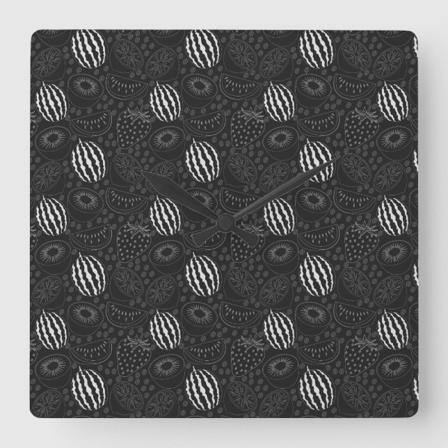 Reloj Cuadrado Fruit seamless pattern black and white Tropical (Anverso)