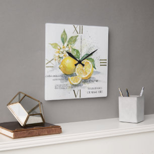 Reloj Cuadrado Fruta cítrica de limón acuarela con flores