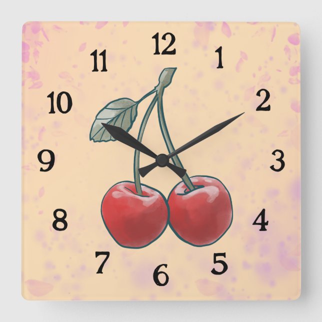 Reloj Cuadrado Fruta rosa de color de agua cereza (Anverso)