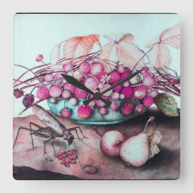 RELOJ CUADRADO FRUTAS DE TEMPORADA, PERLAS FRESCAS Y CICADA (Anverso)