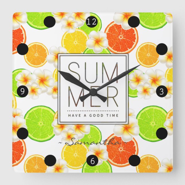 Reloj Cuadrado Frutas de verano frescas y flores exóticas de Plum (Anverso)