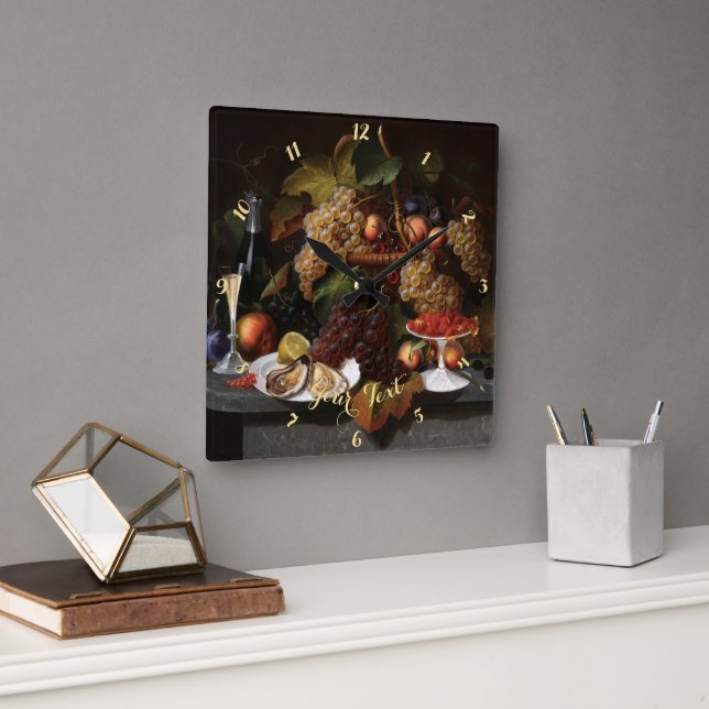 Reloj Cuadrado Frutos Ostras Vino Arte Rústico Decoración Hogar