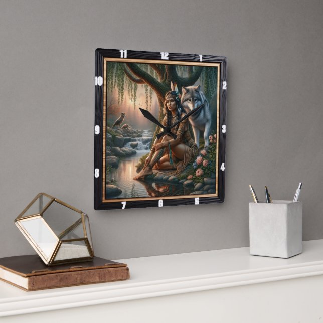 Reloj Cuadrado Fuego sagrado nativo: calma del espíritu de piedra (Oficina)