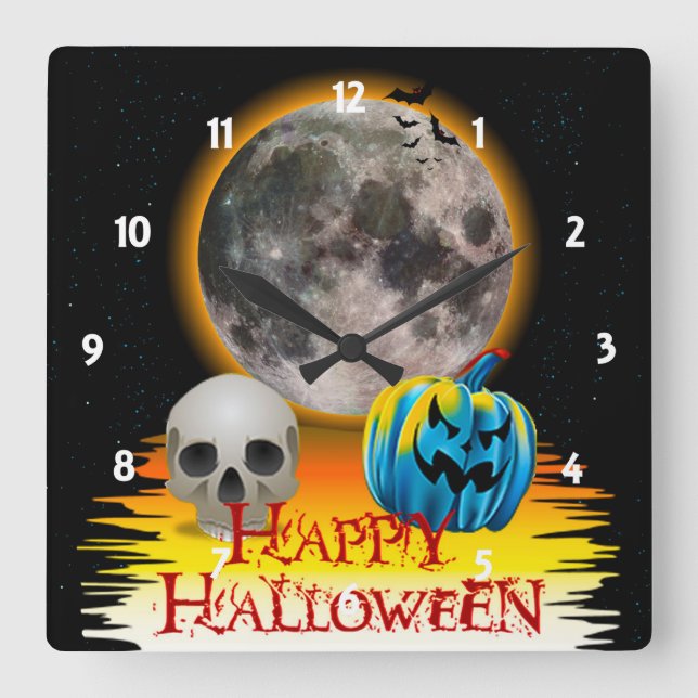 Reloj Cuadrado Full Moon, Skull and Blue Pumpkin at Night. (Anverso)