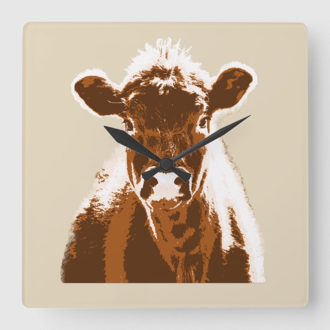 Reloj Cuadrado Fun Brown Cow Farm Animal (Anverso)