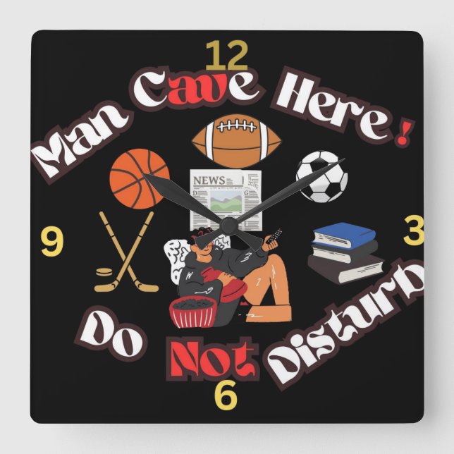 Reloj Cuadrado Fun Man Cave Here Square Wall Clock (Anverso)