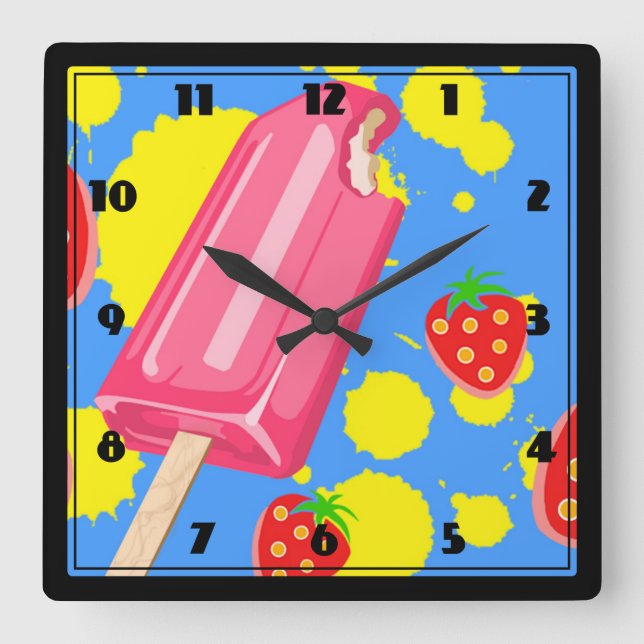 Reloj Cuadrado Fun Pink Popsicle and Strawberries Illustration (Anverso)