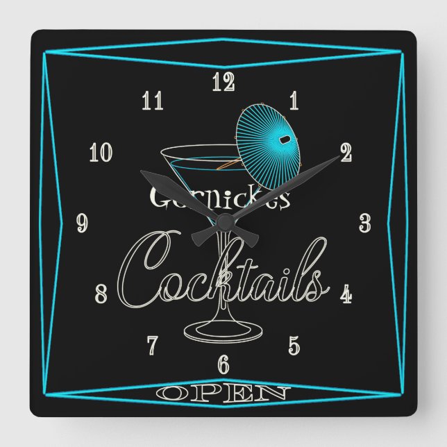 Reloj Cuadrado Fun Retro Aqua Cocktail Bar Pub Wall Clock (Anverso)