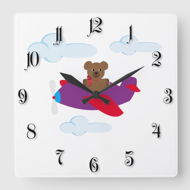 Reloj Cuadrado Funny bear flying by plane (Anverso)
