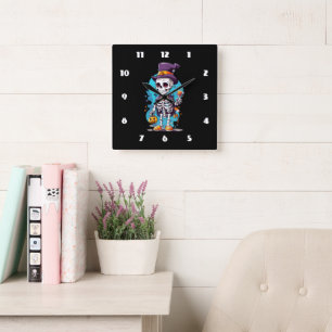 Reloj Cuadrado Funny Halloween Skeleton con sombrero superior
