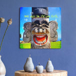 Reloj Cuadrado Funny laughing wood totem face photo smile quote<br><div class="desc">Who can resist a laughing face like this? Remember to “smile while you still have teeth” as you check out the time on this quirky, colorful character, photography wall clock. Makes a great gift for someone special! You can easily personalize this photography wall clock plus I also offer customization on...</div>