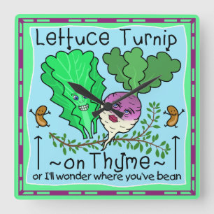 Reloj Cuadrado Funny Lettuce Turnip Thyme Vegetable Pun Cartoon